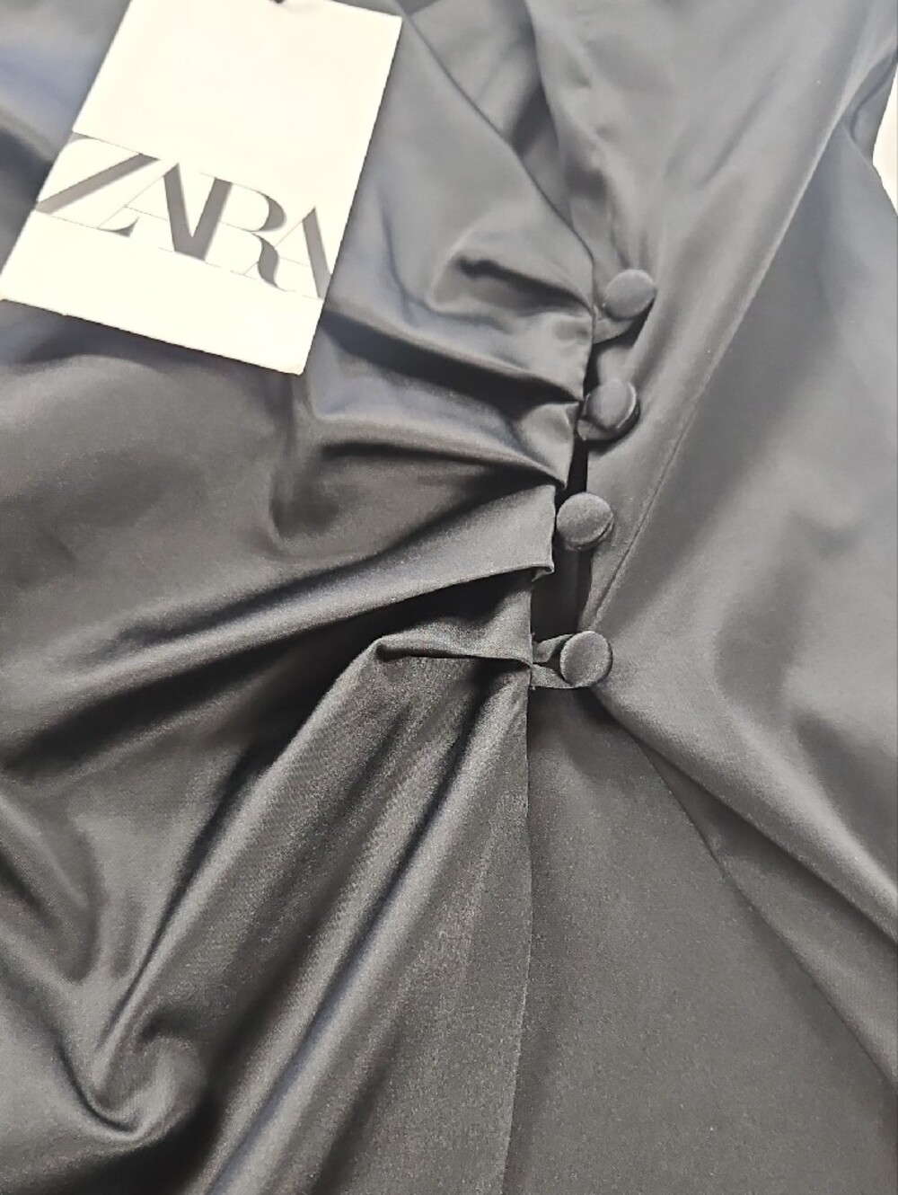 ZARA Black Satin Mini Slip Dress with Side Drape - Picture 3 of 5